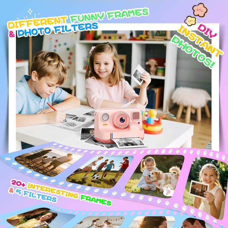 BILEBAK Instant Print Camera for Kids, Christmas Birthday Gifts for Girls Boys Age 3-15, 1080P Selfie Portable Digital Video Camera with 32GB SD Card, 3-Colored Print Paper- Pink - Image 5
